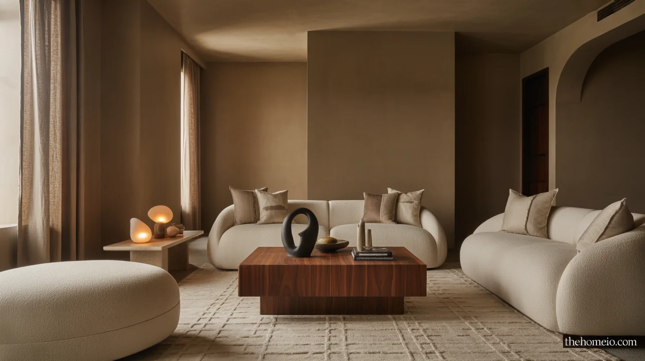 Moody neutral living room with taupe walls, cream sofa, dark wood table, and layered lighting