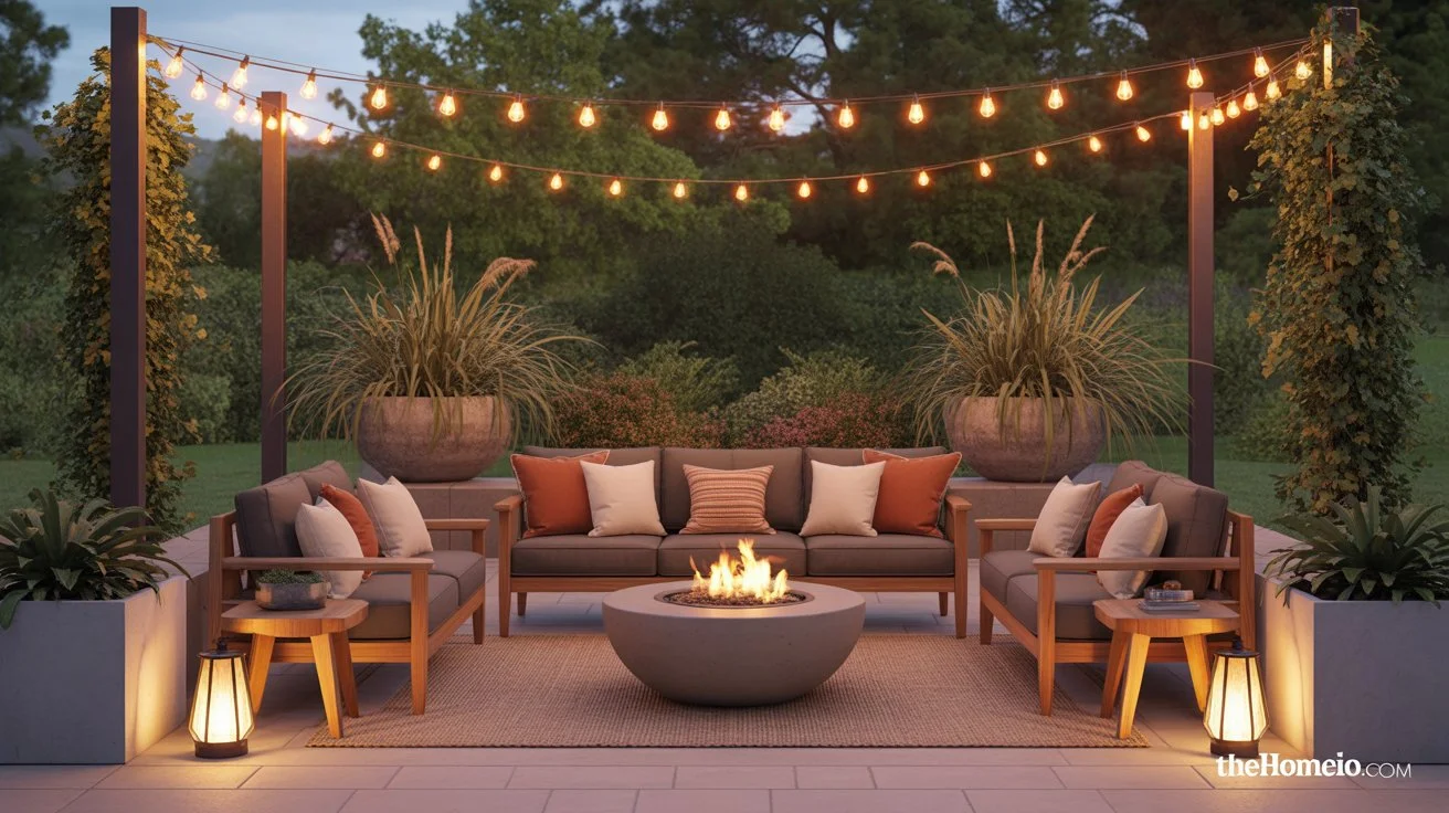 Beautifully styled American backyard patio with sectional sofa string lights fire pit statement planters and outdoor lanterns at golden hour showing Outdoor Patio Styling Ideas