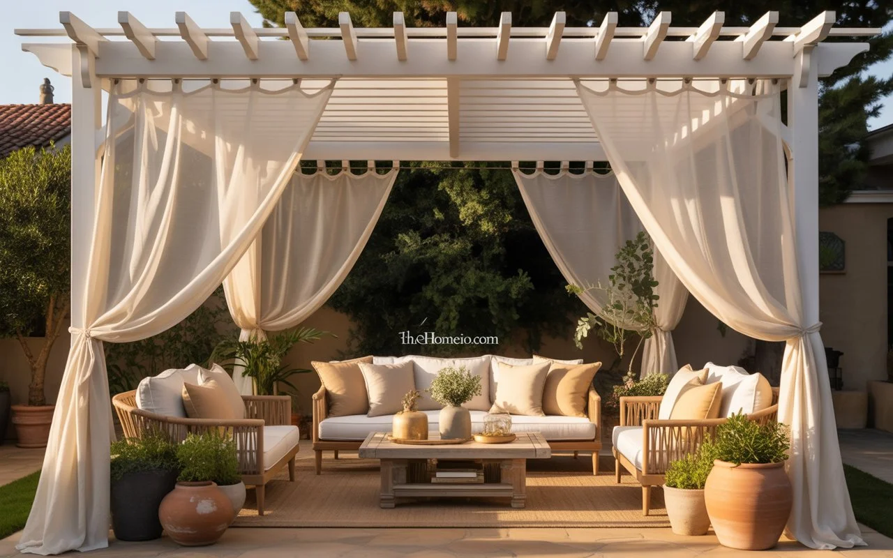A sunlit backyard patio with flowing sheer white curtains on a pergola, cozy neutral seating with cushions, small potted plants, and a soft outdoor rug. Patio Curtain Ideas