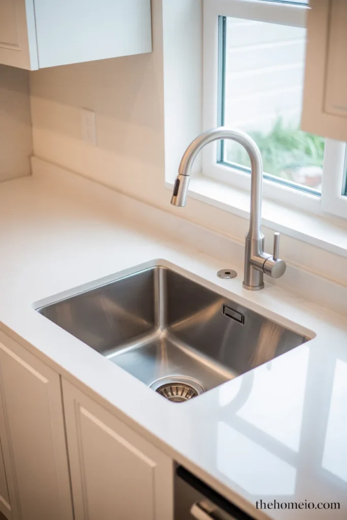 Modern kitchen with 16-gauge stainless steel undermount sink below white quartz countertop and brushed nickel pull-down faucet