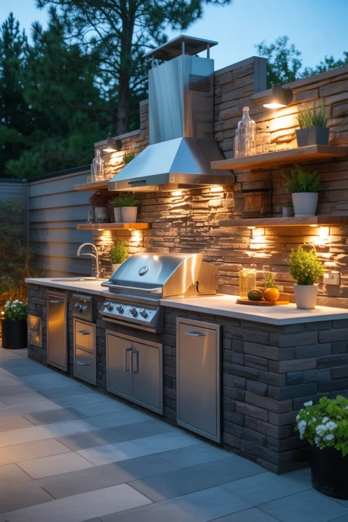 Built-in outdoor kitchen wall with grill and stone finishes