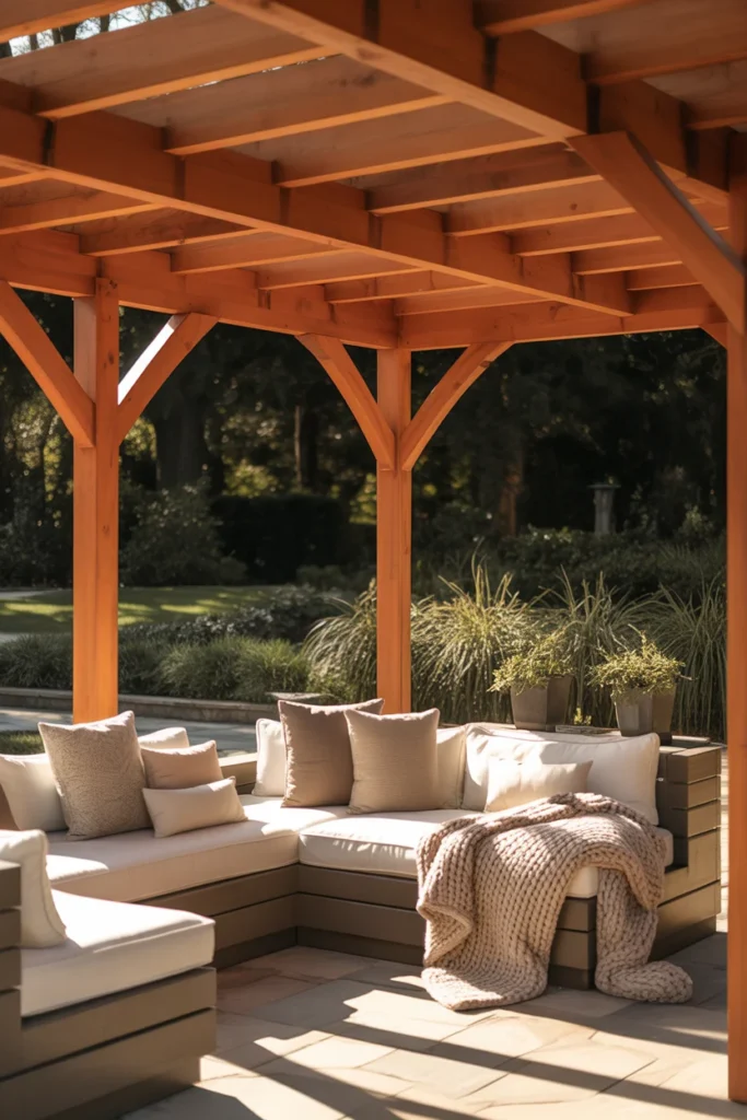 Wooden pergola patio with cozy outdoor seating