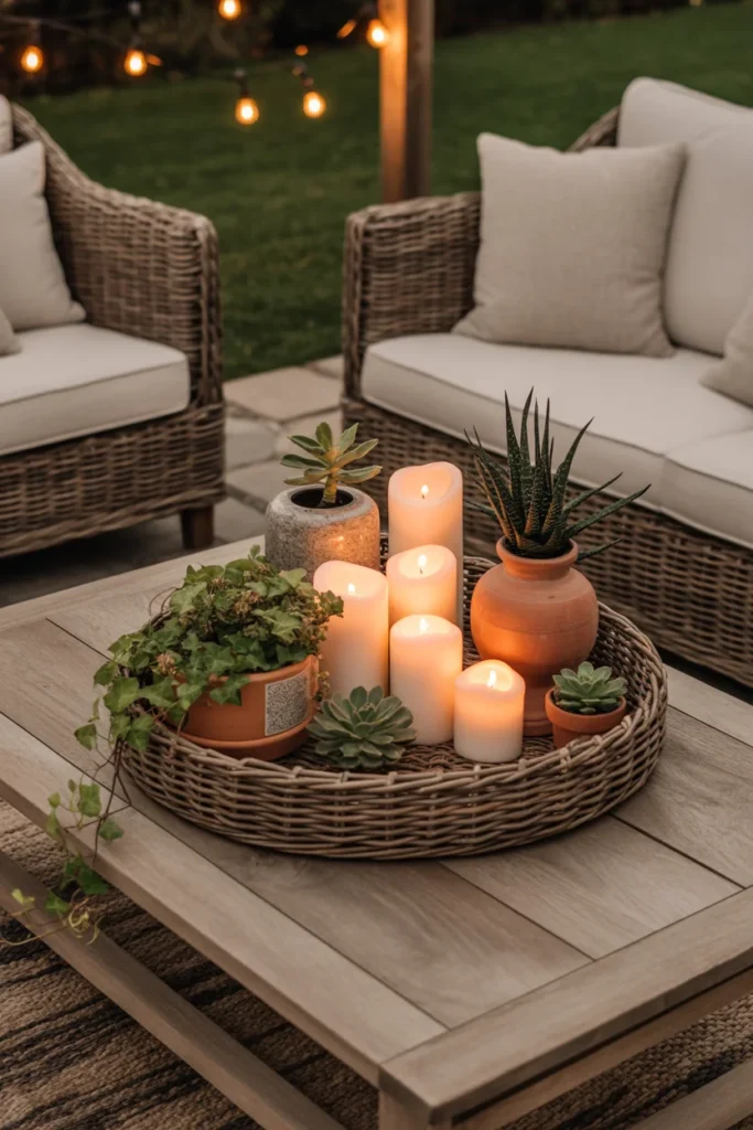 Outdoor patio coffee table styled with woven tray decor