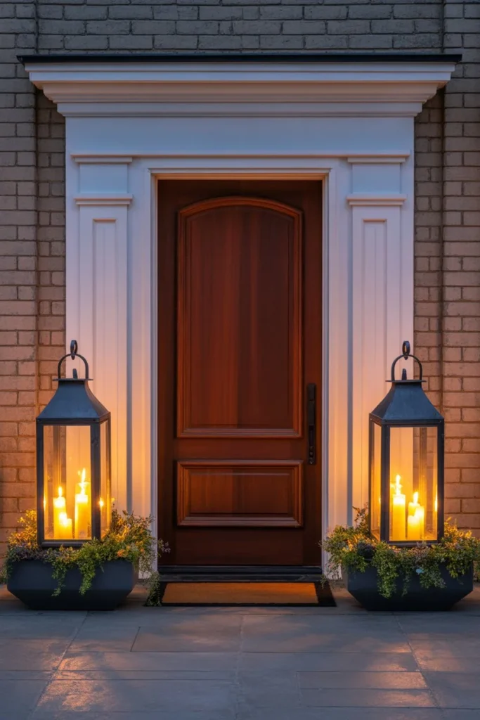 Oversized lanterns framing elegant front porch door