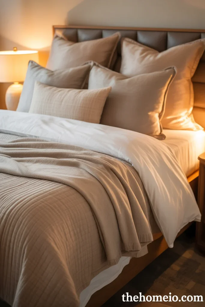 Neutral cozy dorm bedding setup