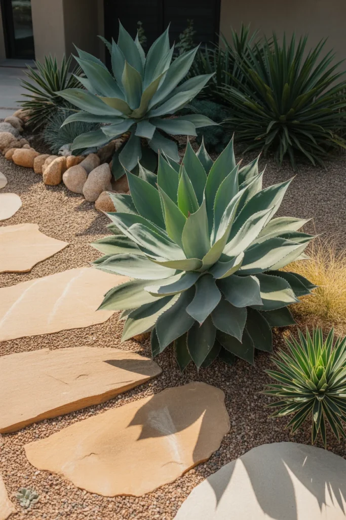 Large agave plants in front yard succulent garden