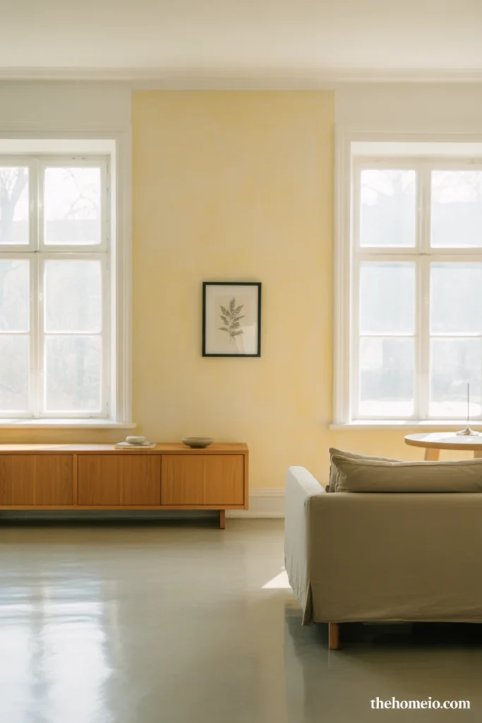 Scandinavian living room with warm white walls soft yellow undertone light oak furniture linen sofa and single framed print