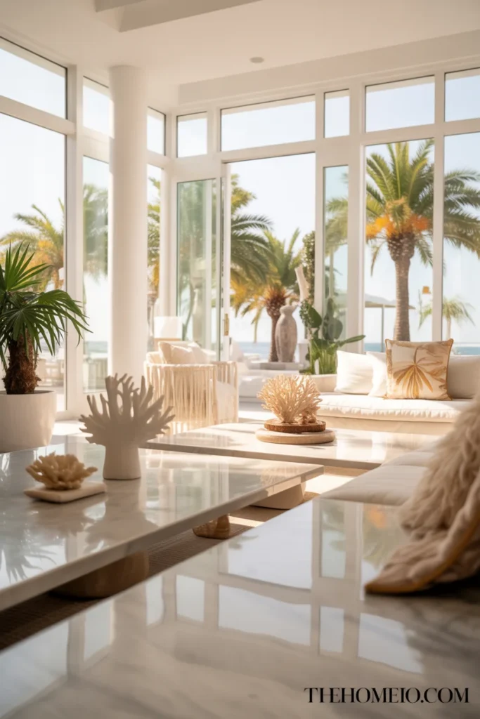 Bright airy Palm Beach interior with sunlight and white walls