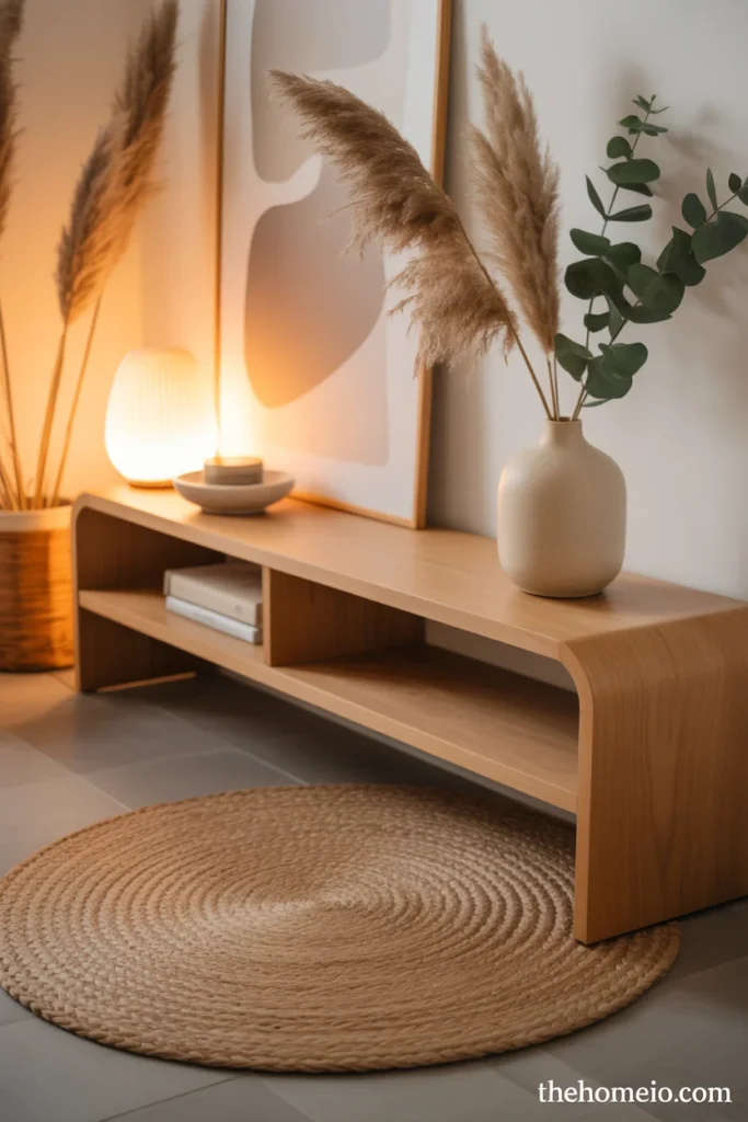 Round jute rug in stylish natural entryway with wooden console