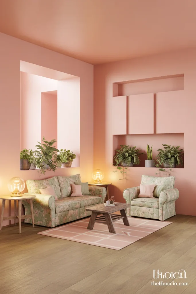 Toca Boca cottagecore living room ideas with floral sofa plants and cozy pink walls