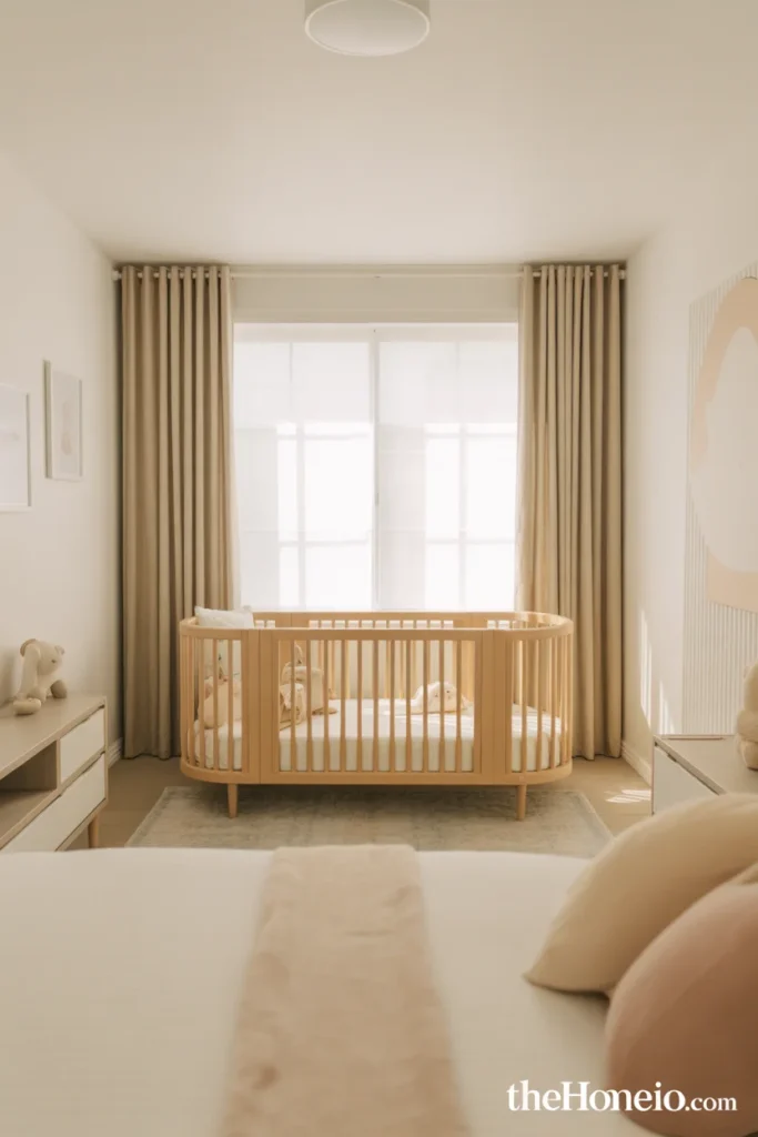 Neutral toddler bedroom with beige tones and calm soft lighting