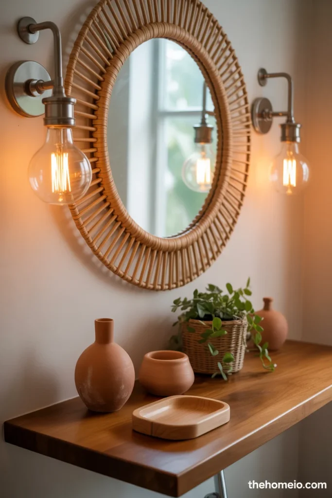Boho bathroom vanity wall with large round rattan mirror Edison sconces wooden vanity terracotta accessories and small plant