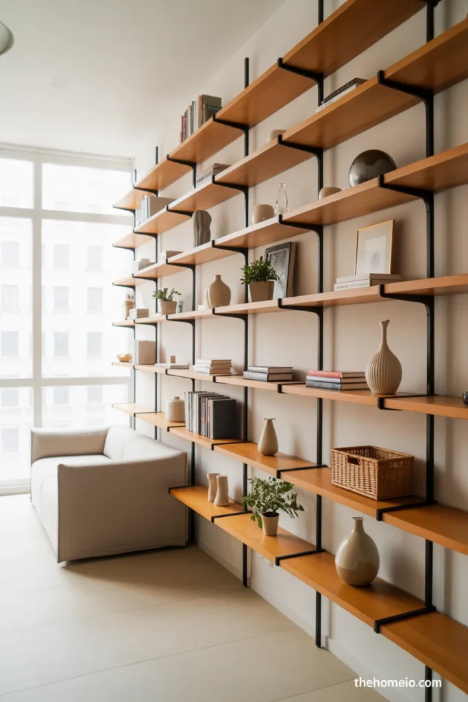 Small apartment living room with floor-to-ceiling floating oak shelves holding books plants ceramics and baskets with compact sofa beside