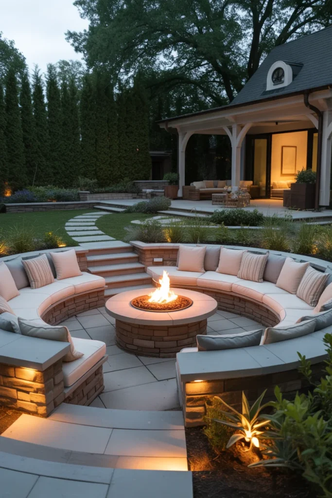 Sunken outdoor fire pit seating area with built-in benches