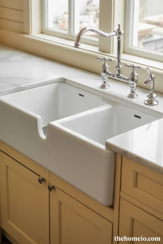 Classic kitchen with white fireclay sink featuring integrated drainboard sloping to basin chrome bridge faucet and marble countertop