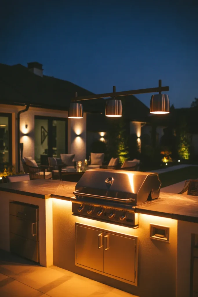 Outdoor grill patio with warm layered lighting