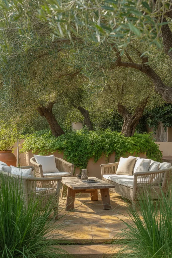 Backyard patio shaded with landscaping and trees