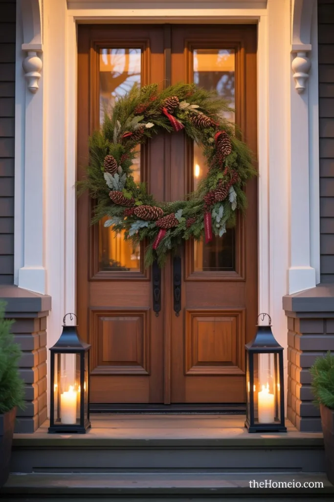 Front porch lanterns styled around seasonal wreath