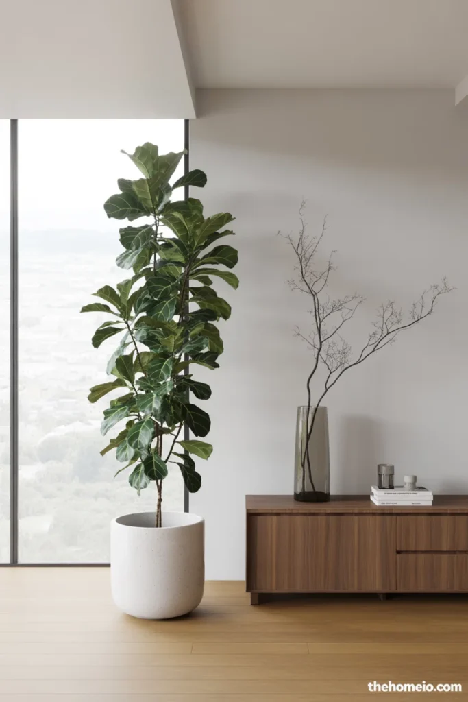 Scandinavian living room corner with large fiddle leaf fig in white ceramic pot beside tall window and branch arrangement in slender vase on credenza