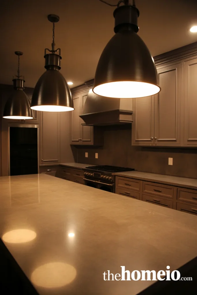 Taupe kitchen with statement pendant lighting