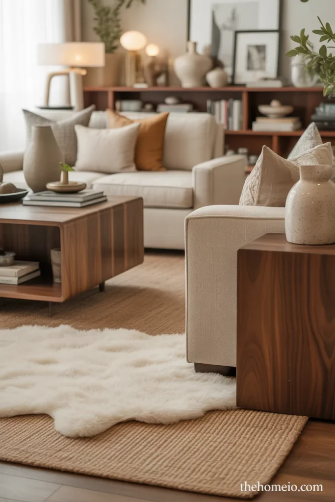 Layered jute rug styling in modern cozy living room