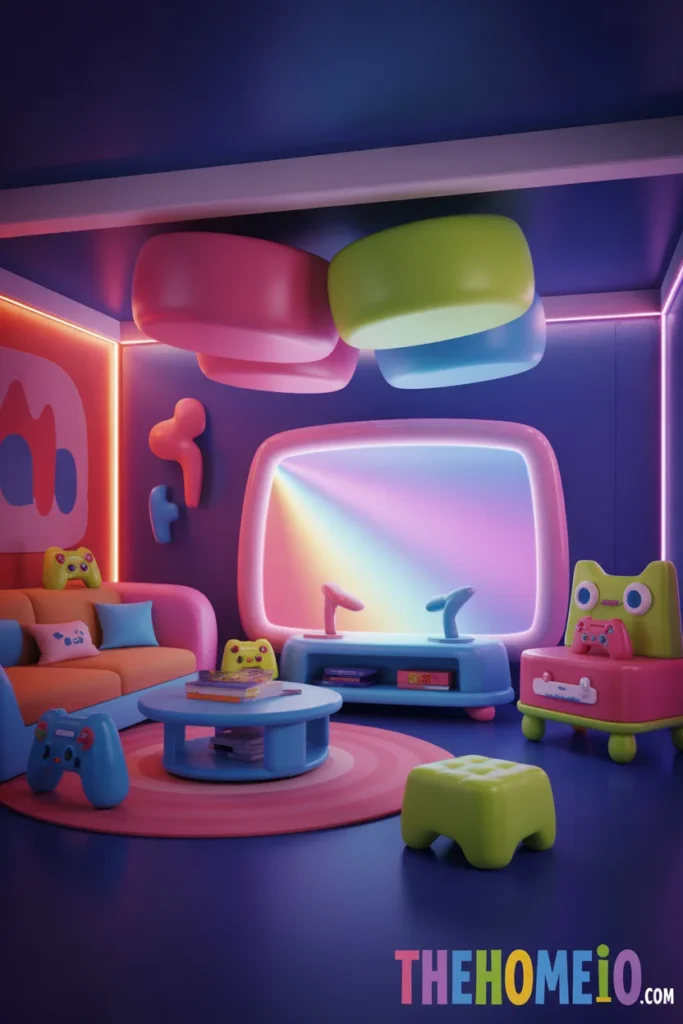 Toca Boca gaming living room ideas with dark room neon lights and cozy setup