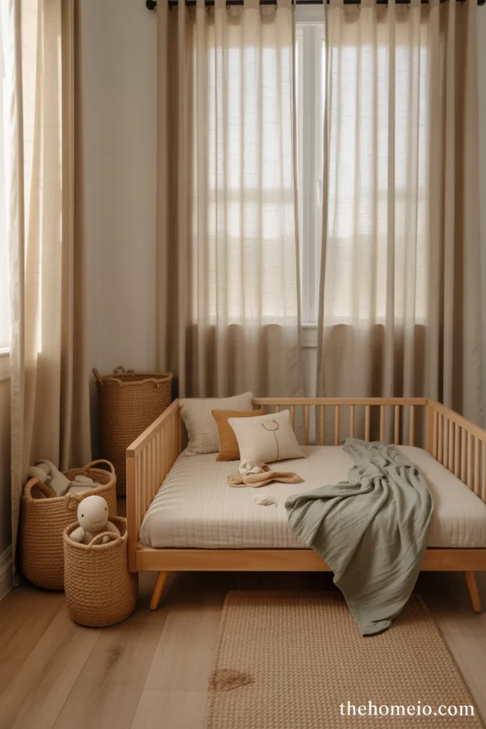 Toddler bedroom with natural materials and warm textures