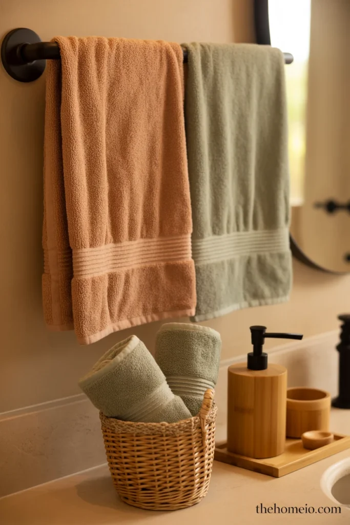 Boho bathroom with terracotta and oatmeal towels layered on black towel bar and sage green rolled towel in woven basket below