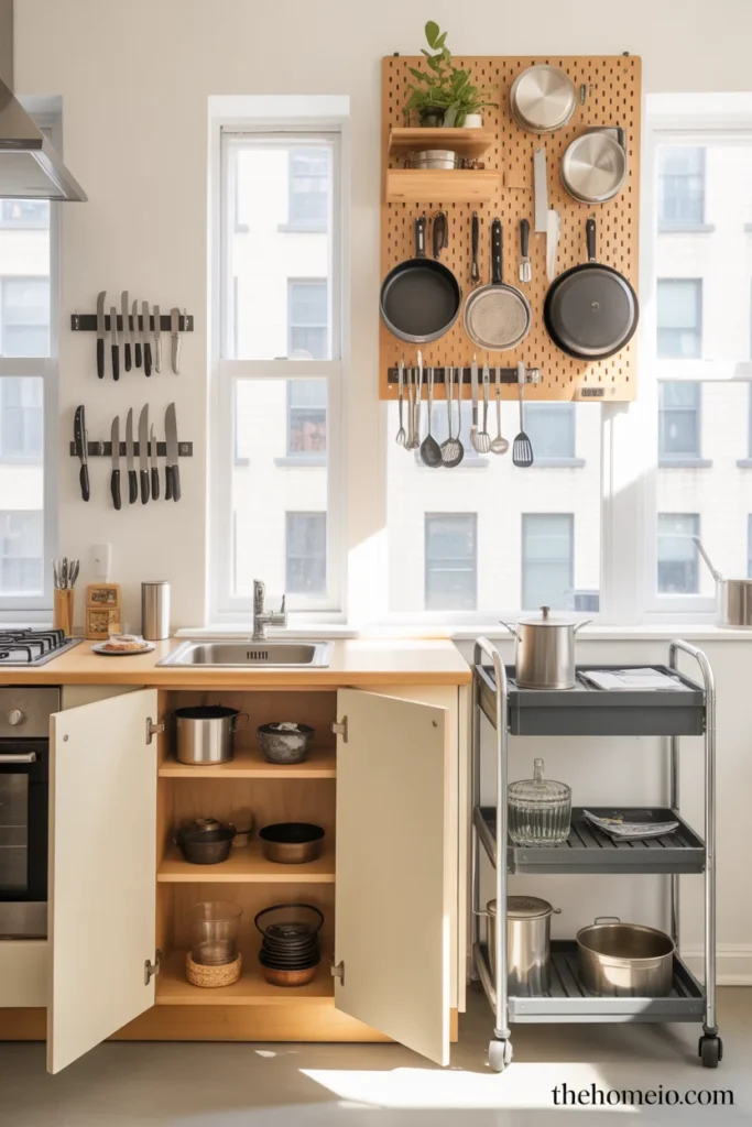 Small apartment kitchen with magnetic knife strip cabinet door hooks pegboard holding pots and pans and rolling kitchen cart