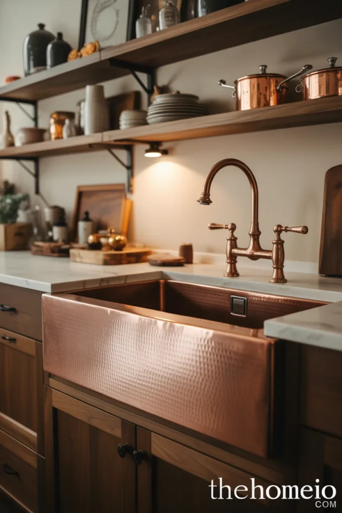Warm eclectic kitchen with hammered copper farmhouse sink showing natural patina oil-rubbed bronze bridge faucet and dark walnut cabinetry