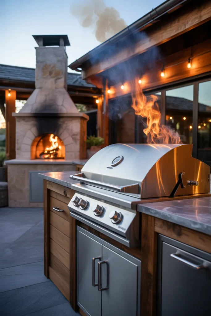 Outdoor kitchen with grill and pizza oven