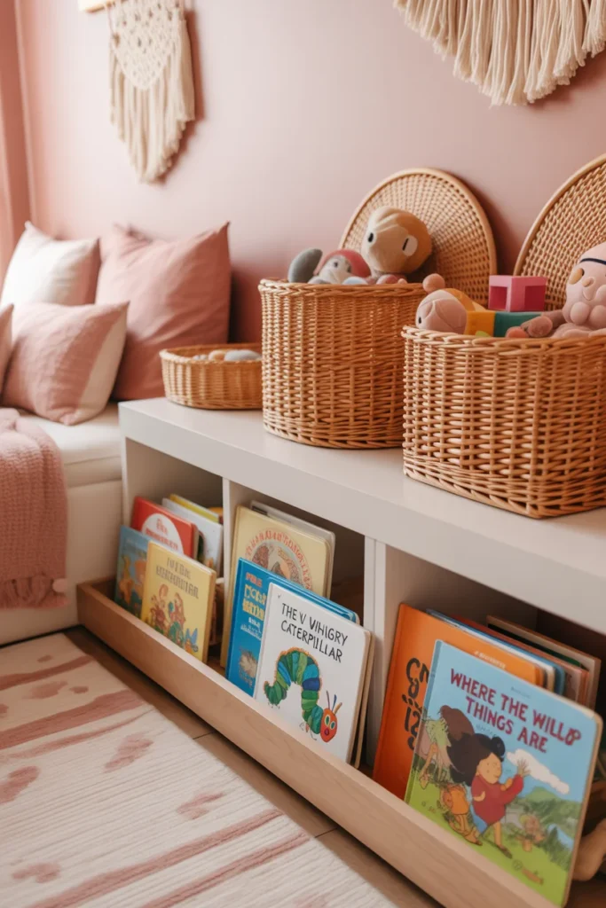 Matching storage bins in aesthetic dorm room