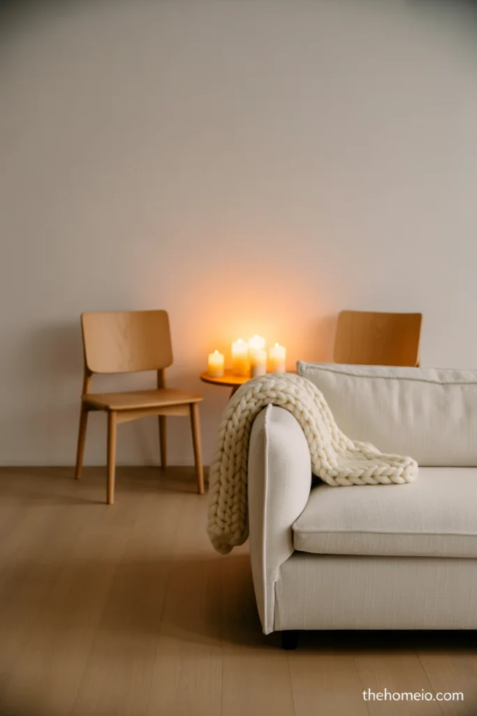Scandinavian hygge living room with low warm lamp light pillar candles linen sofa chunky knit throw and two chairs in close arrangement