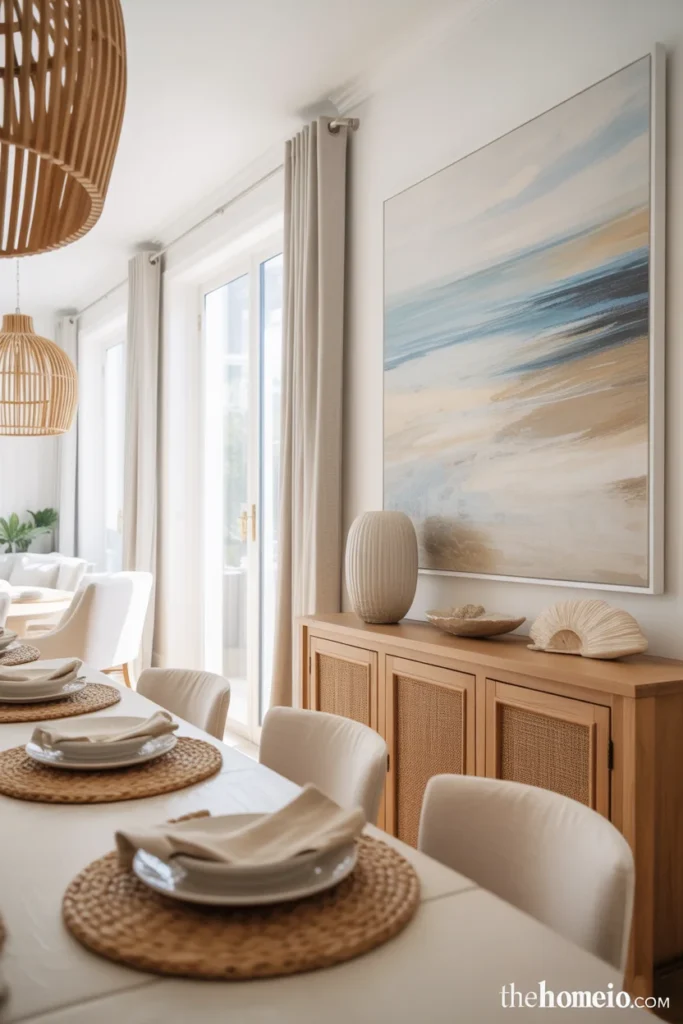 Oversized artwork in coastal dining room
