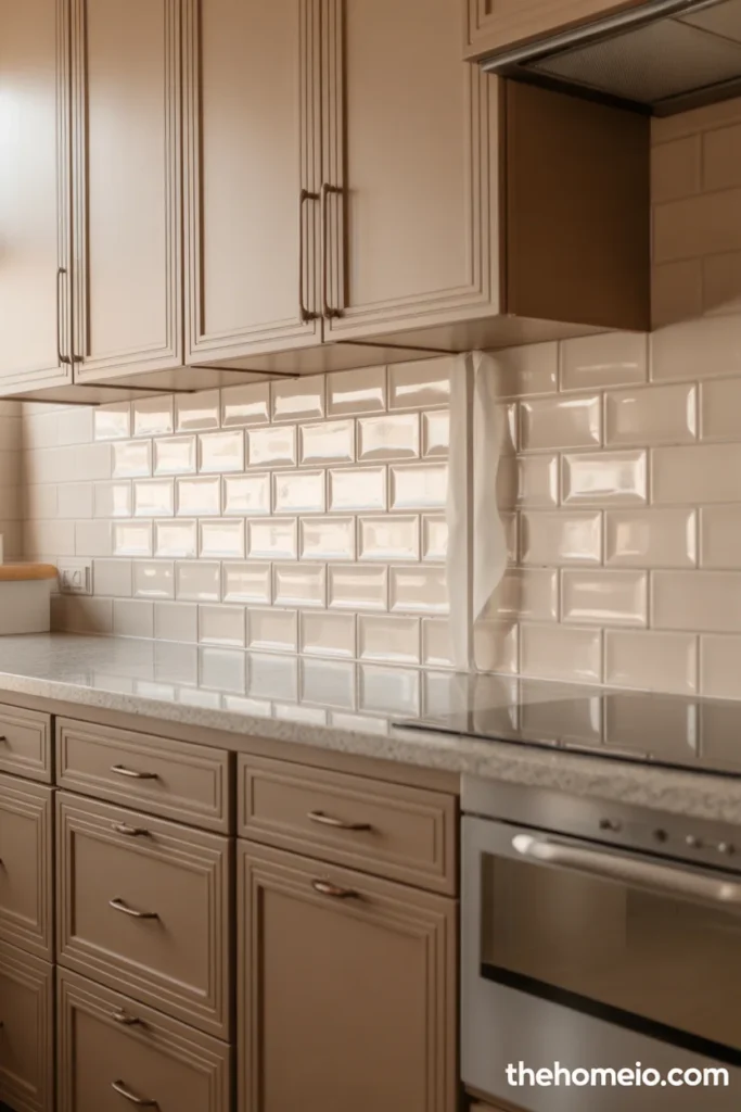 Taupe kitchen cabinets with textured backsplash