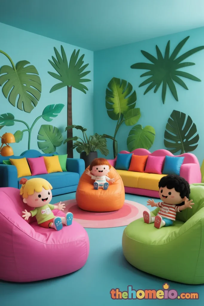 Toca Boca tropical living room ideas with turquoise walls plants and bright decor