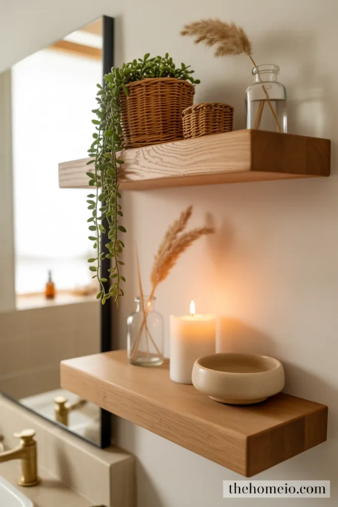 Boho bathroom with two floating raw oak shelves styled with trailing plant woven basket glass bottle candle and ceramic bowl