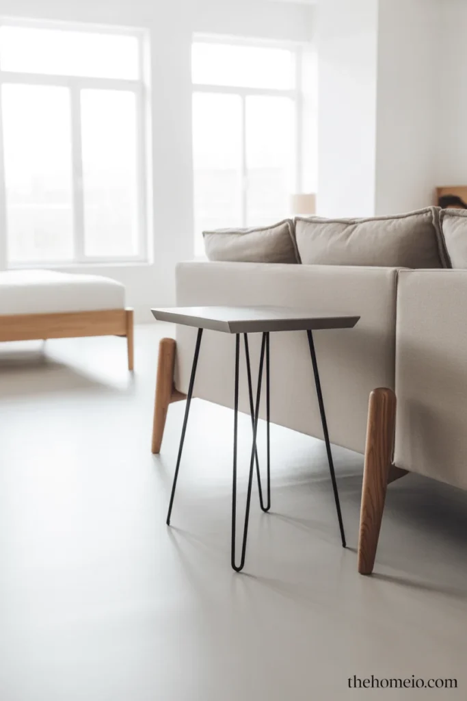 Small apartment living room with sofa side table and bed frame all raised on visible legs allowing eye to travel beneath furniture across floor