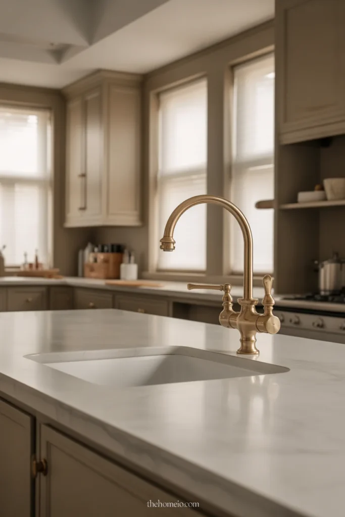 Refined kitchen with white fireclay undermount sink below soapstone countertop and proportionally balanced unlacquered brass high-arc faucet