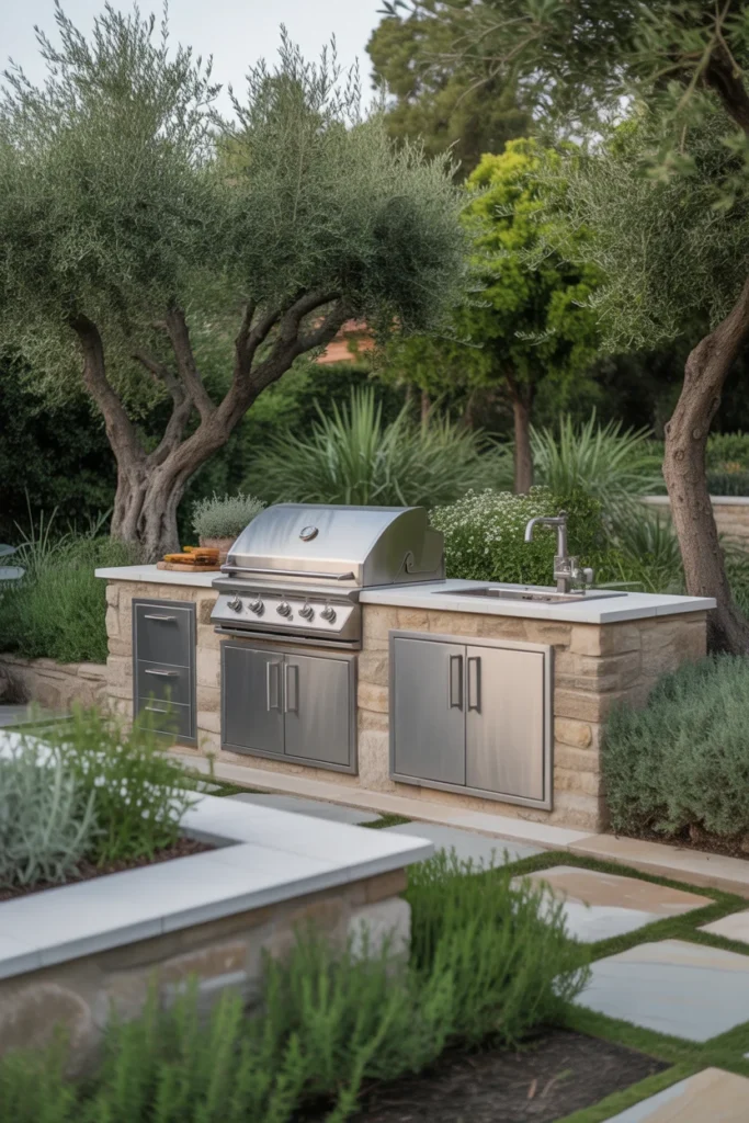 Landscaped outdoor grill patio with greenery
