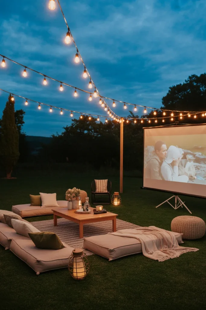 Outdoor movie night setup in family backyard