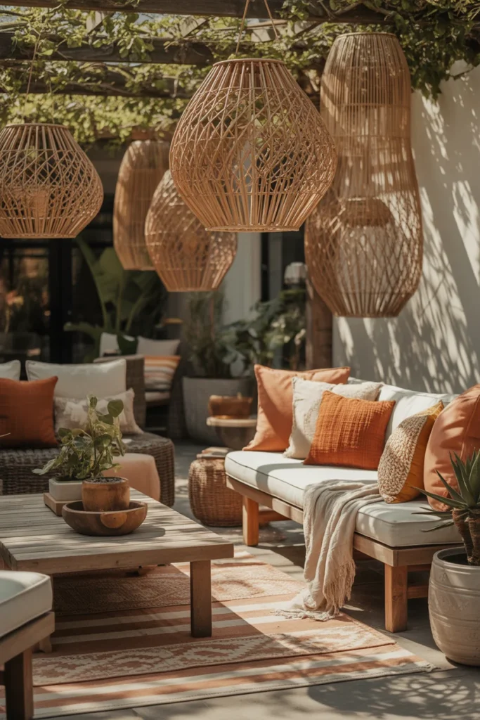 Patio with layered textures and cozy shaded seating