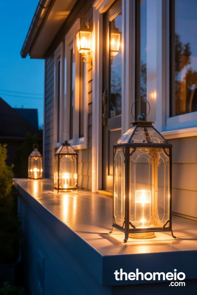 Glass lantern reflections on elegant porch