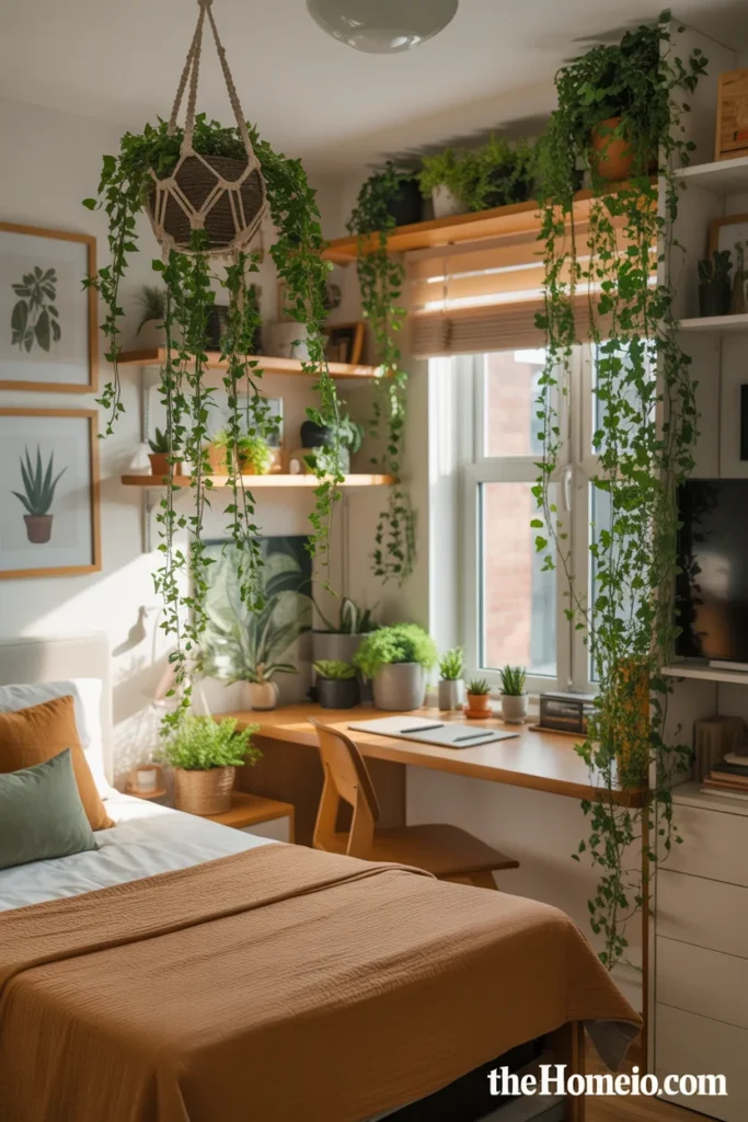 Greenery decor in cozy dorm room