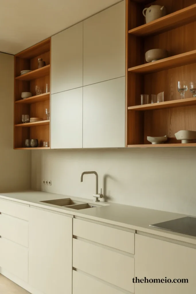 Scandinavian kitchen with flat-front white cabinets open oak shelving ceramic pieces pale honed marble countertop and matte black faucet