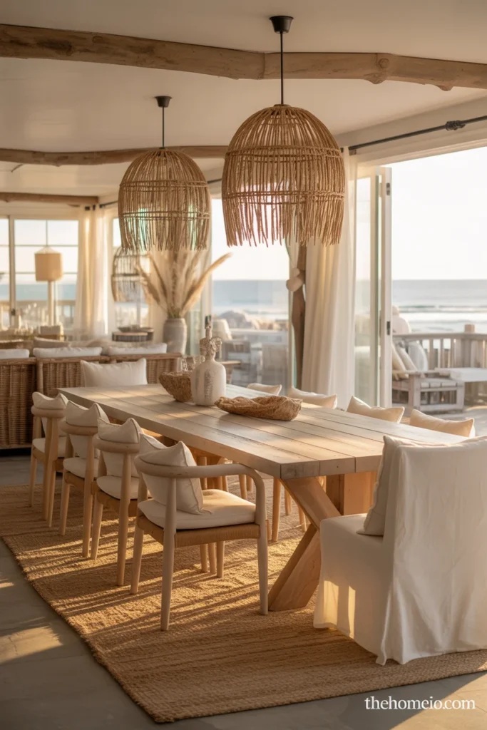 Relaxed coastal dining room gathering space