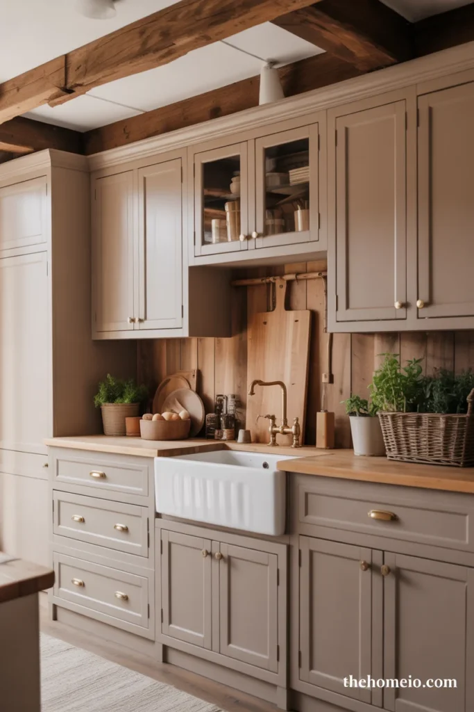 Modern farmhouse kitchen with taupe cabinets