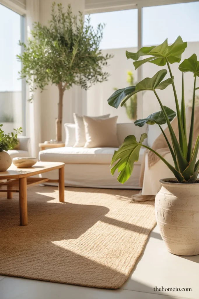 Jute rug with indoor plants in fresh natural home interior