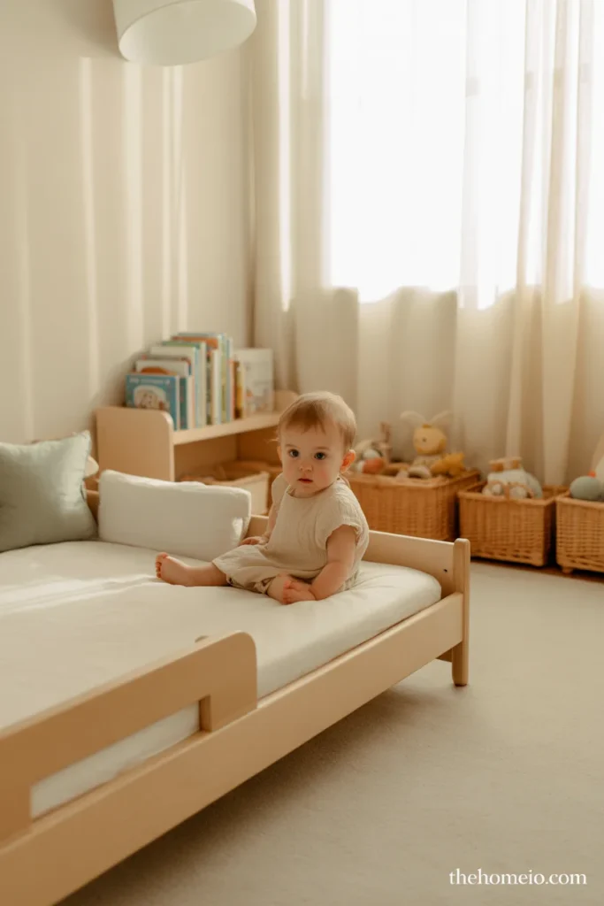Clean minimalist toddler bedroom with balanced decor