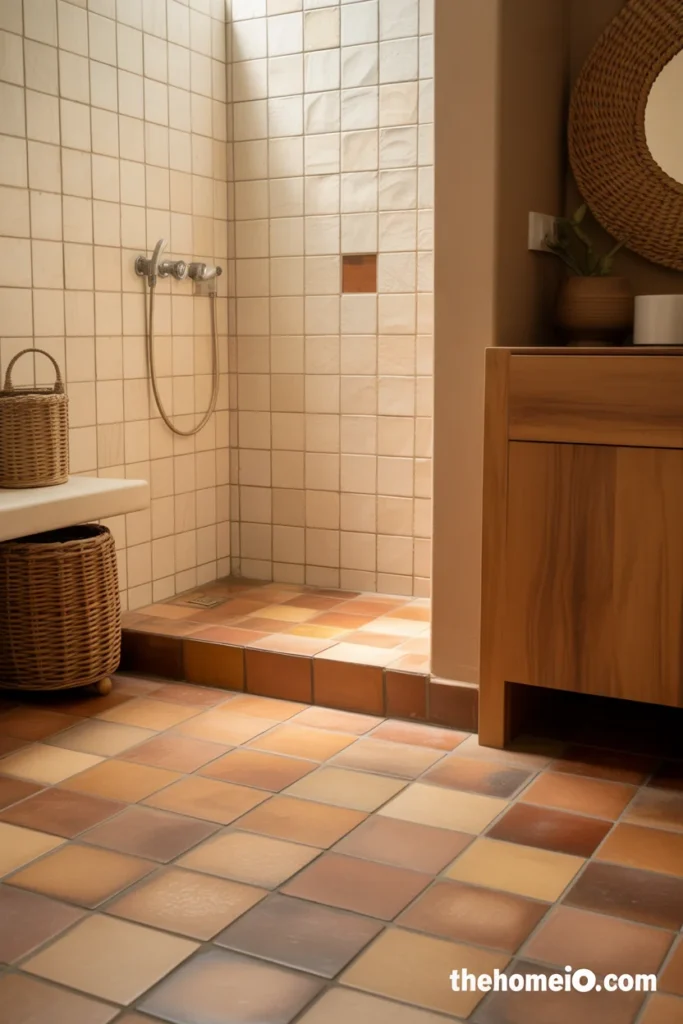Boho bathroom with handmade terracotta floor tiles and warm white zellige style shower wall tiles showing natural organic variation
